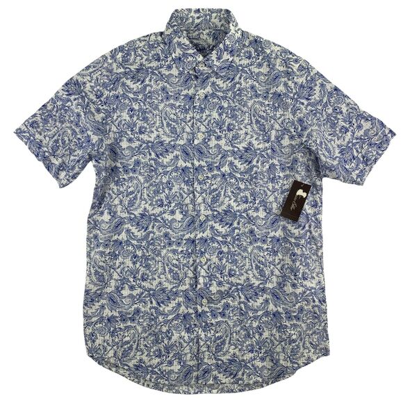 Tasso Elba Mens Linares Printed Short Sleeve Button Down Shirt Blue S - Picture 1 of 4